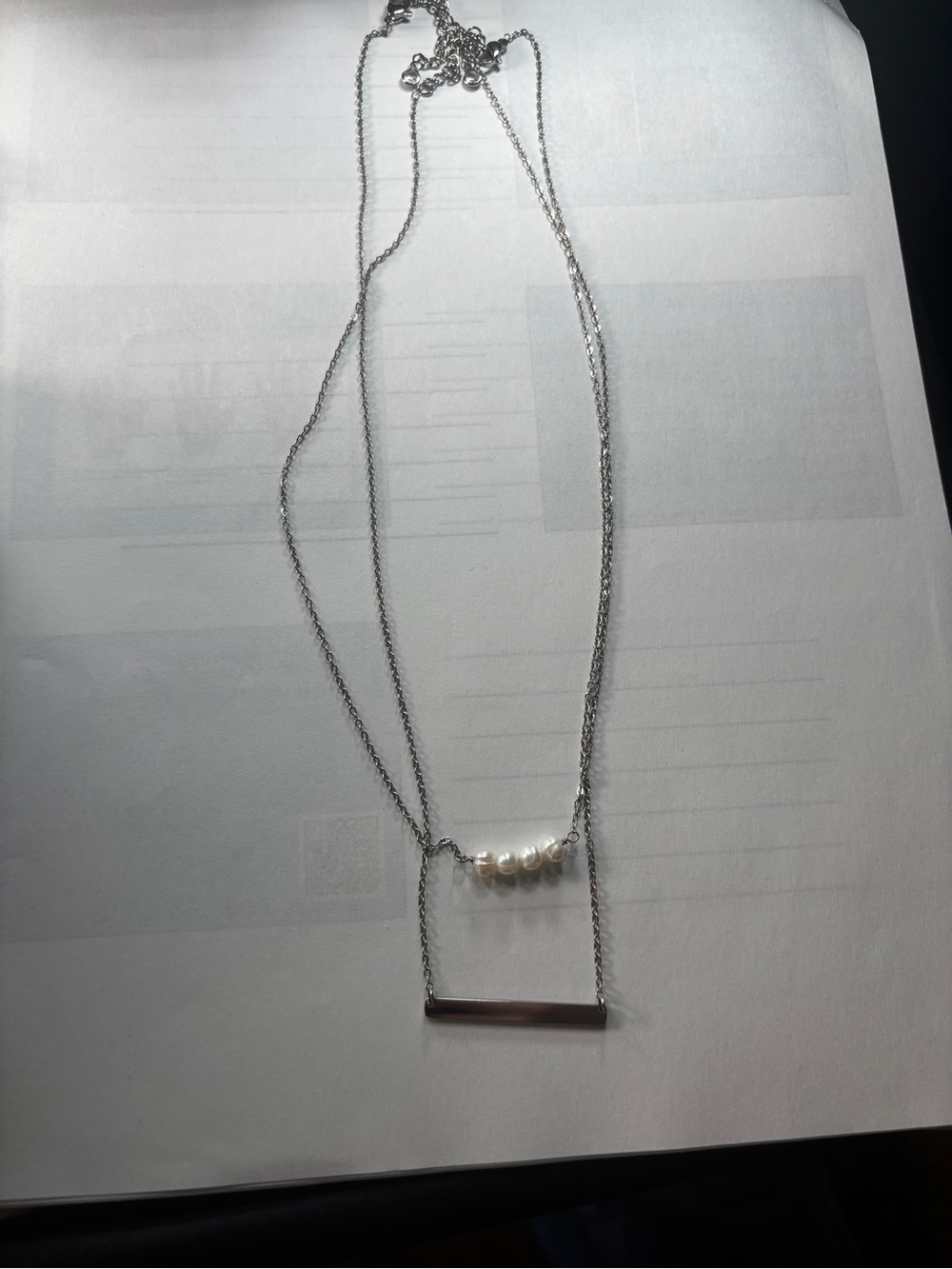 Silver Double-Layer Necklace with White Pearl Accent